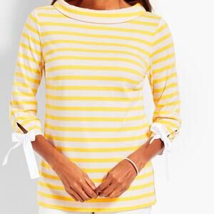TALBOTS Striped Cotton Boat Neck Tie Sleeves Sabrina Top Yellow White M Preppy